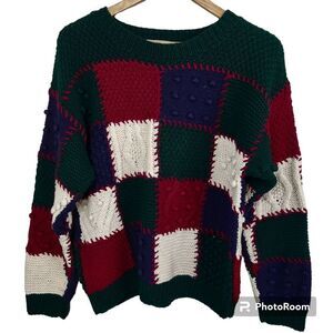 Vintage Crew Handknit Sweater Womens Size L Patchwork Green, Navy, Burgundy cozy
